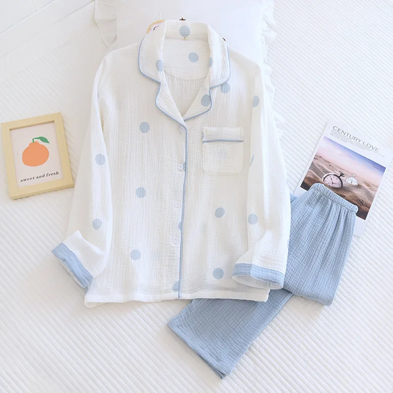 Women Sleepwear Pyjama Set Dot Contrast Lapel Pajamas All Seasons Soft Cotton Crepe Long Sleeve Homewear Lounge Nightwear Suit