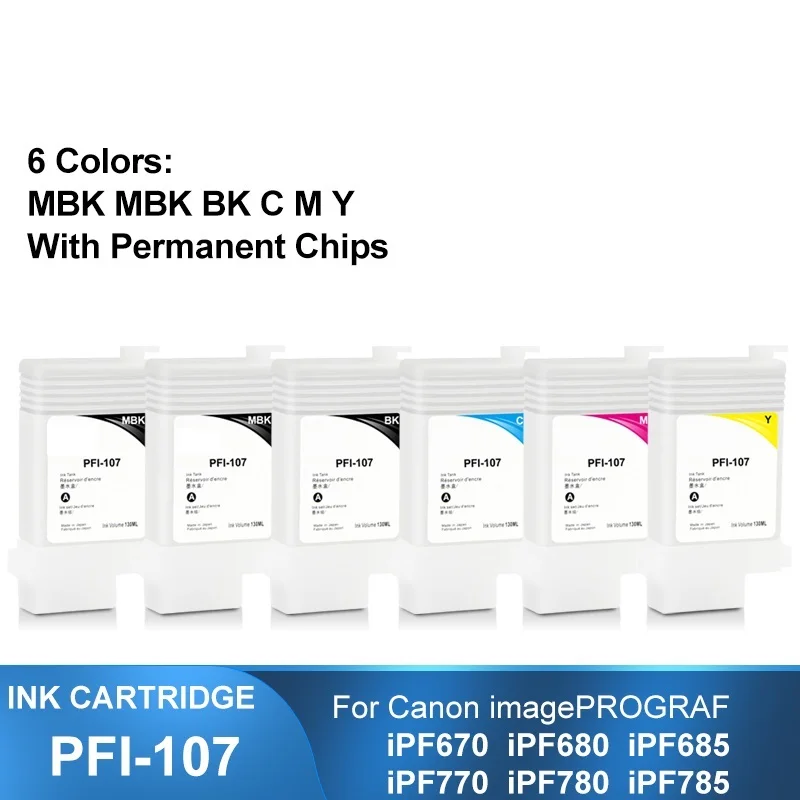 

PFI-107 PFI107 Refillable Ink Cartridge With Permanent Chips For Canon iPF670 iPF680 iPF685 iPF770 iPF780 iPF785 130ML 6Colors .