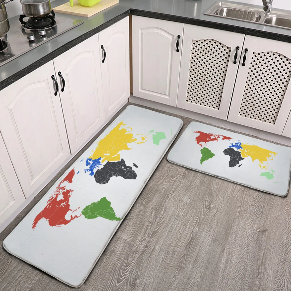 

Kitchen Rugs Mats Set 2 Piece Colorful World Map Grey Kitchen Floor Runner Mats Cushioned Anti Fatigue Door Mat Pad for Indoor H
