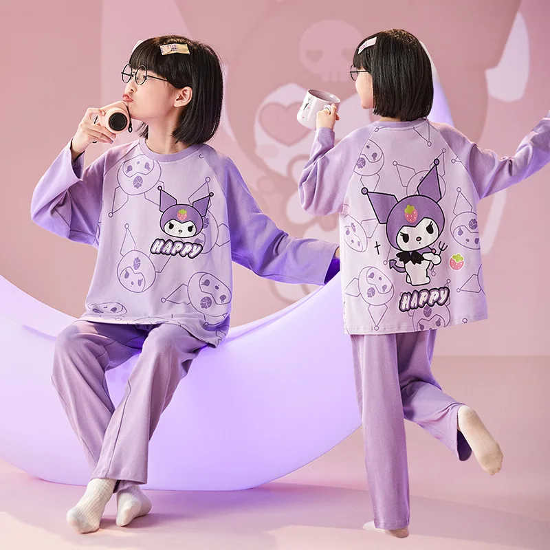 

Spring Autumn Kawaii Sanriod Anime Kuromi Cinnamoroll Children Pajamas Pure Cotton Girls Sleepwear Long Sleeve Kids Home Clothes