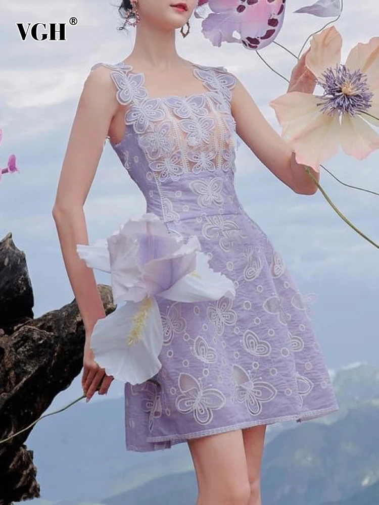 

VGH Patchwork Lace Embroidery Dress For Women Square Collar Sleeveless High Waist Cut Out Mini Dresses Female 2022 Summer Style