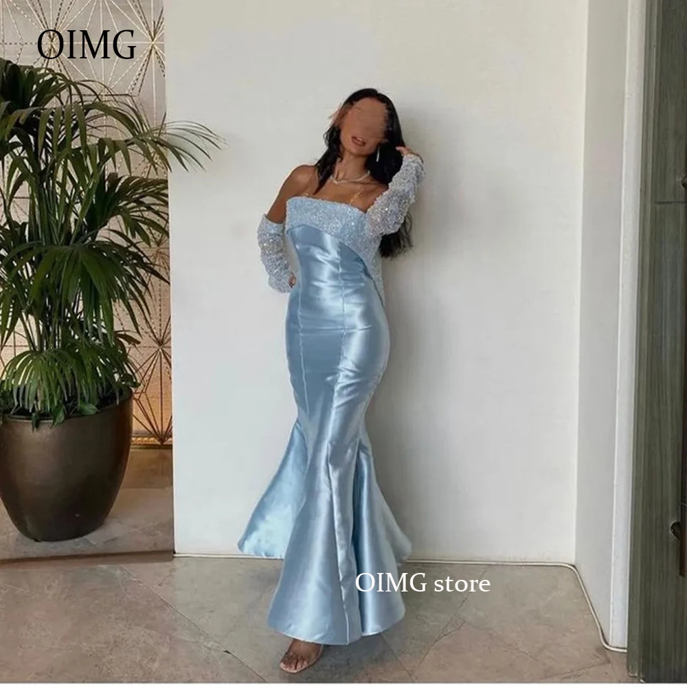 

Mermaid Light Blut Mermaid Evening Dresses Strapless Long Sleeves Sequin Sparkly Ankle Length Arabic Women Formal Prom Gown