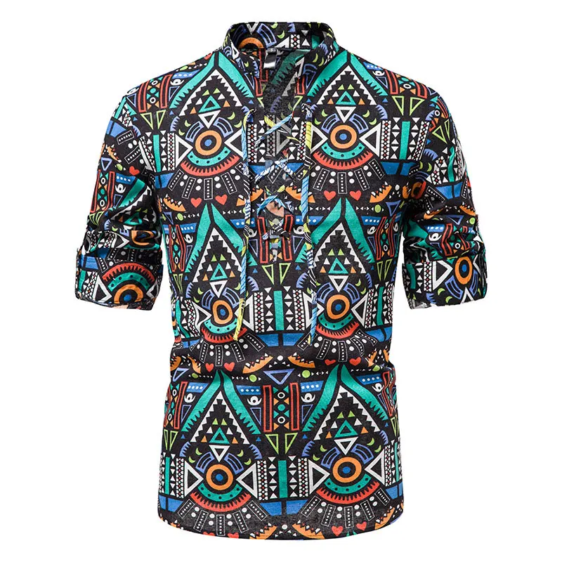 

Hippie African Dashiki Print Lace Up Cotton Linen Shirt Stand Collar Roll Sleeve Beach Shirt Men Ethnic Traditional Shirt Male