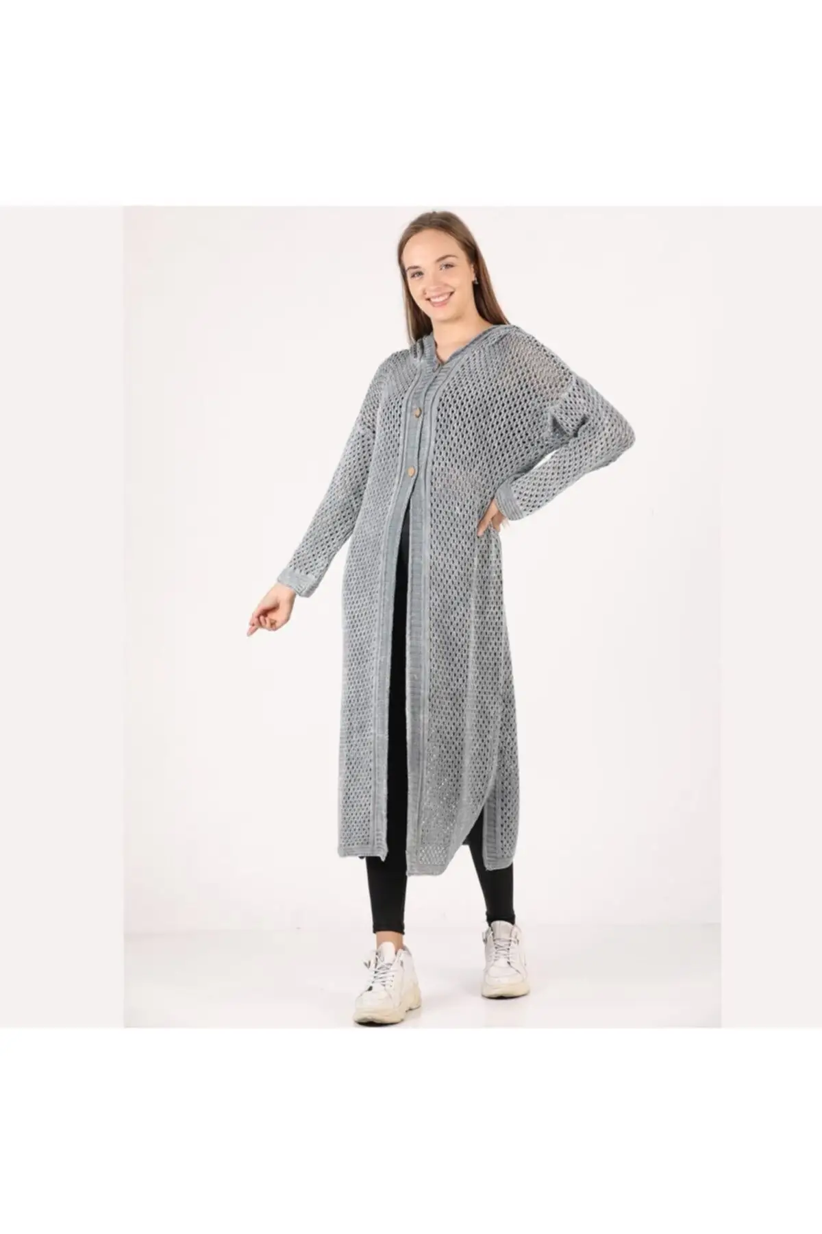 

Women's Cardigan Authentic sportswear eyeliner pattern Hooded Three Button Washed Gray 100% Cotton Long Sweaters