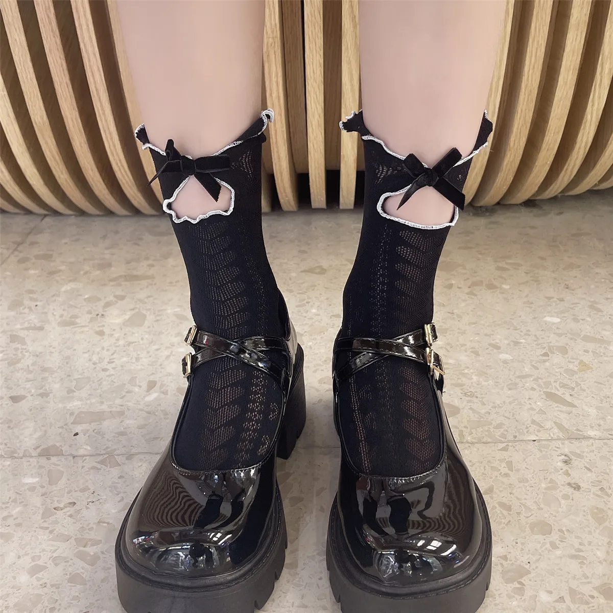 Sweet Cute Women Girls Socks JK Lolita Japanese Velvet Bow Ruffle Socks Hollow Out Sexy Lace Mesh Thin Low Cut Ankle Socks Women