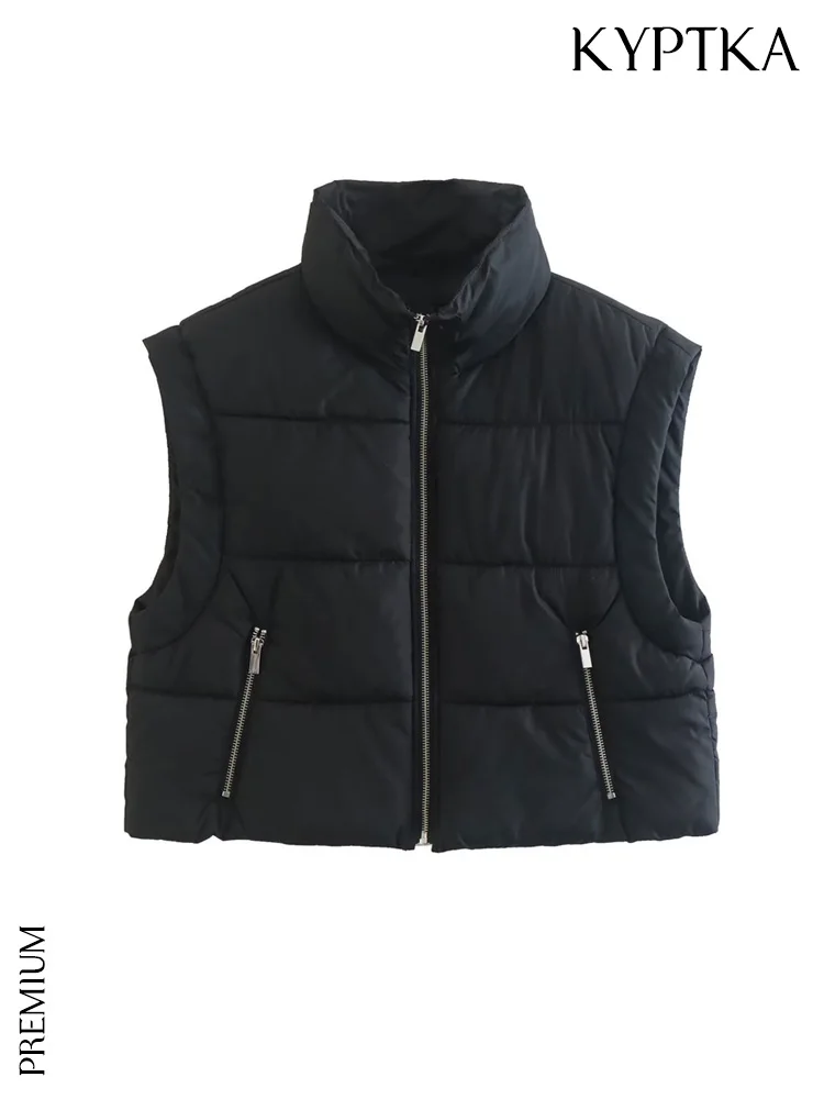 

KYPTKA Women Fashion Front Pockets With Zip Crop Padded Waistcoat Vintage High Neck Sleeveless Female Outerwear Chic Vest Tops