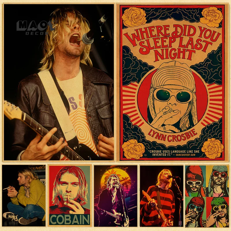 

Singer Kurt Cobain Frame Kraft Paper Posters Roll Music Retro Sticker DIY Vintage Room Bar Cafe Decor Gift Art Wall Paintings