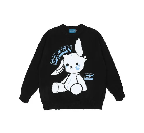 

Hip Hop knitted Sweater Men Women Sad Rabbit Oversized Pullover 2021 Autumn Streetwear Fashion Loose Knitted Sweater Cotton Hole