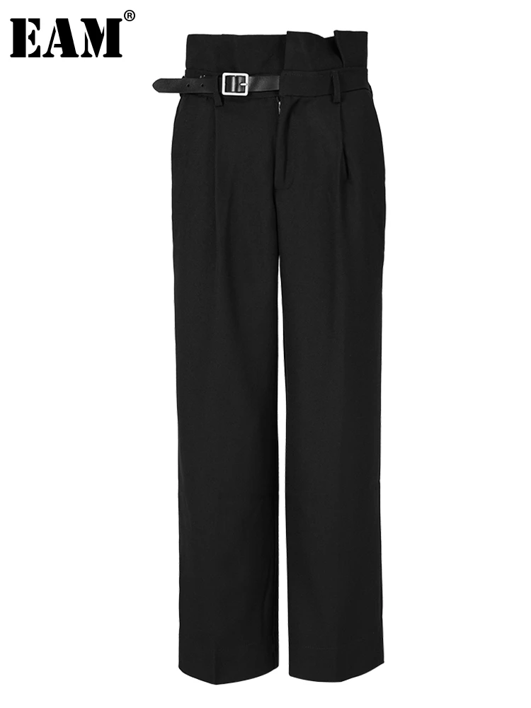

[EAM] черные плиссированные повседневные длинные брюки с высокой талией, новые свободные брюки для женщин, модные весенне-осенние 2023 CP0327