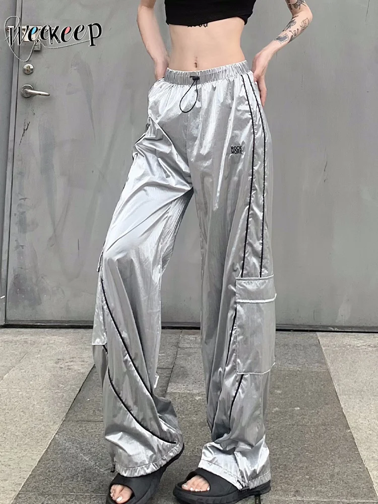

Женские брюки-карго с завышенной талией, серебристые повседневные брюки составного кроя с мешковатыми карманами, модель y2k, 2023