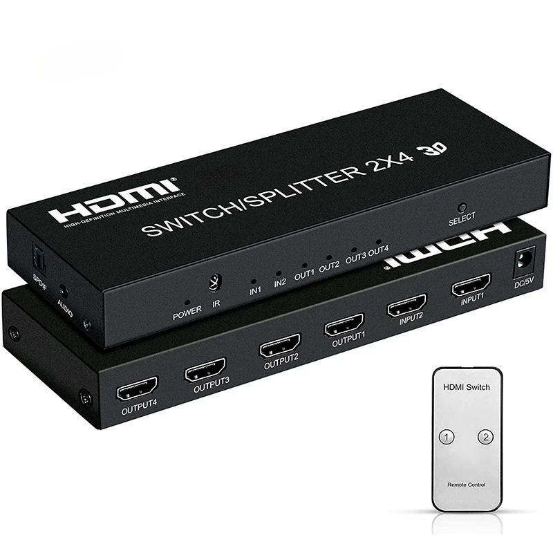 Фото HD 2.0 2x4 видеопереключатель-сплиттер 2 входа 4 выхода 4K@60Hz с экстрактором аудио SPDIF для подключения ноутбука/ПК к 2, 3 или 4 телевизорам/мониторам №2
