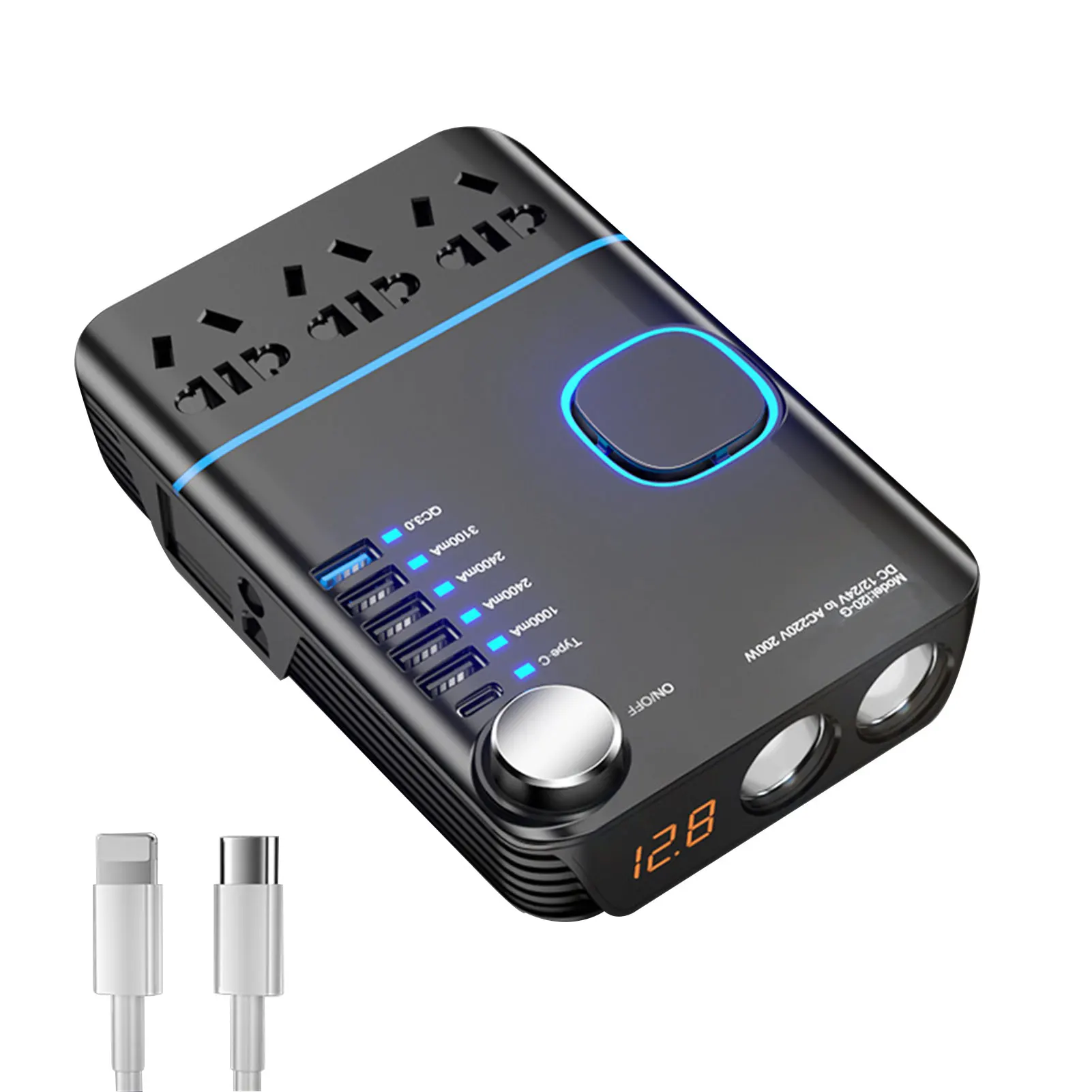

PD 12V 24V To 220V AC Socket Modified Sine Wave Car Power Inverter 200W Durable Multifunctional 6 USB Digital Display Truck