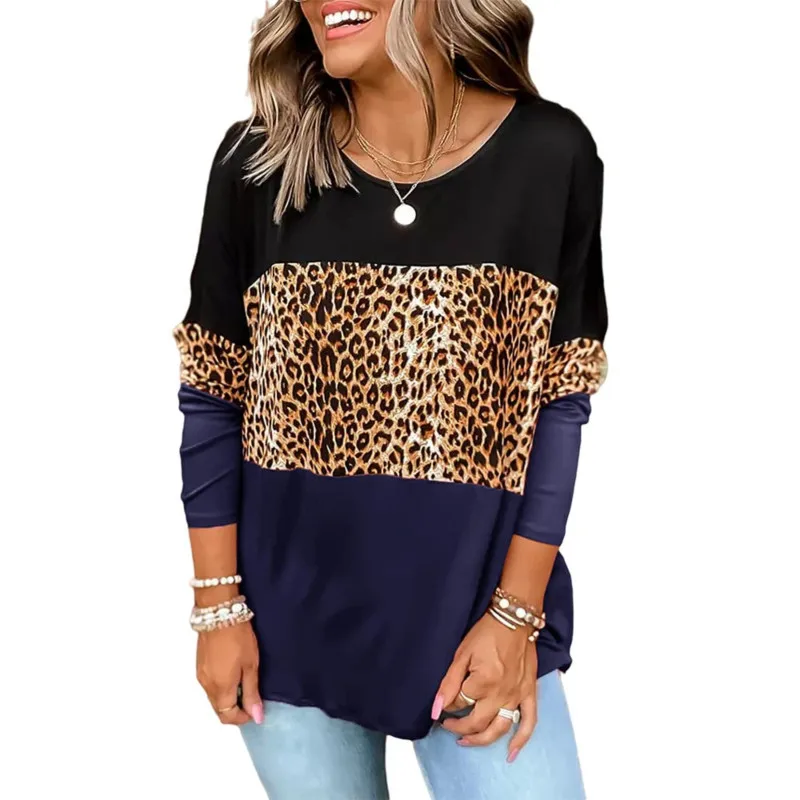 

Women's Casual Loose Leopard Blouse Tops Long Sleeve Color Block Shirt Tunics T-Shirts Leopard Print Patchwork