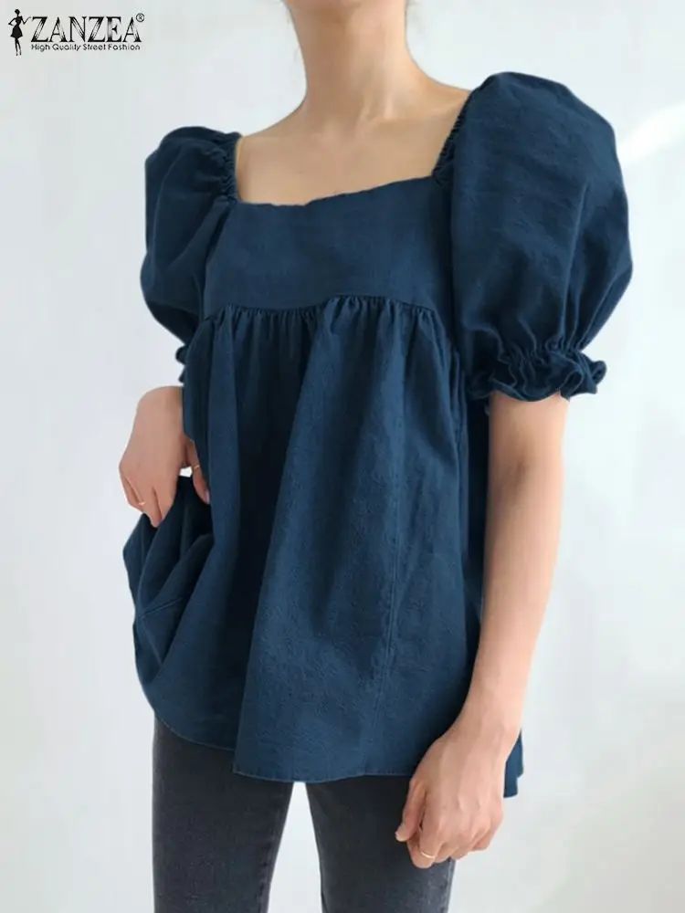 

ZANZEA 2023 Summer Denim Blouses Fashion Short Puff Sleeve Women Elegant Square Neck Smock Tops Casual Pleats Tunics Sweet Blusa