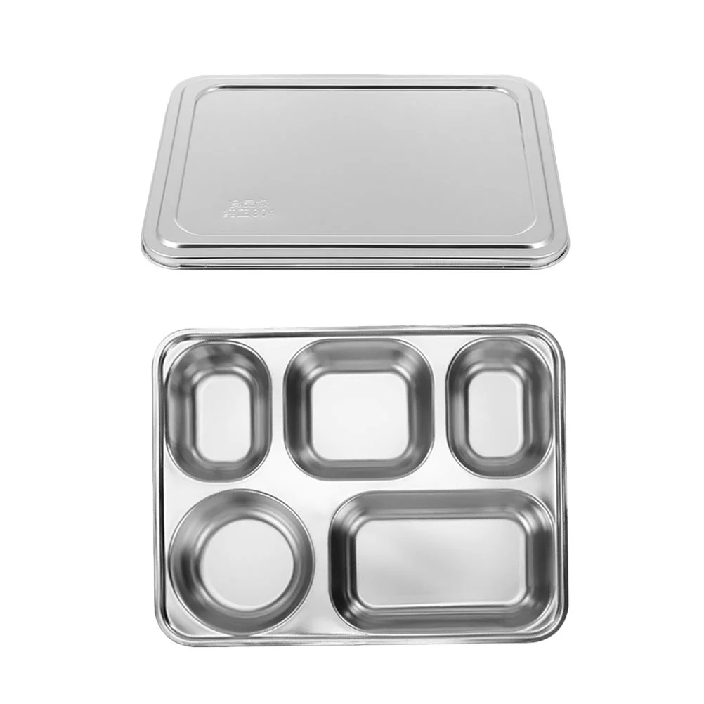 

Divided Plate Plates Traydinner Stainless Steel Compartment Serving Lunch Kids Portion Diet Box Dishwith Lid Fruit Platter