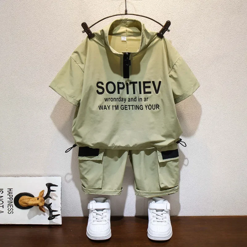 

2-9Y Children's Printed Letter Short-sleeved Boy Summer Thin Set 2023 New Children Handsome Baby Kid boys Top +shorts 2pcs Suit