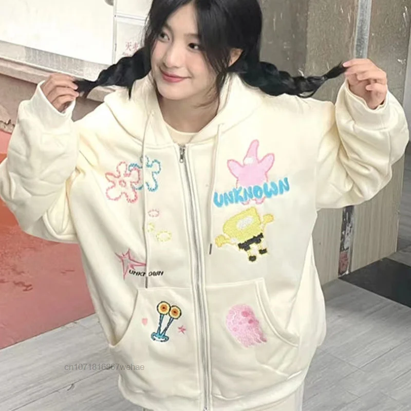 

Fashion Casual Warm Thick Cotton High Street Cartoon Printed Hooded Coat Women Autumn Winter Hip-hop American Zipper Jacket