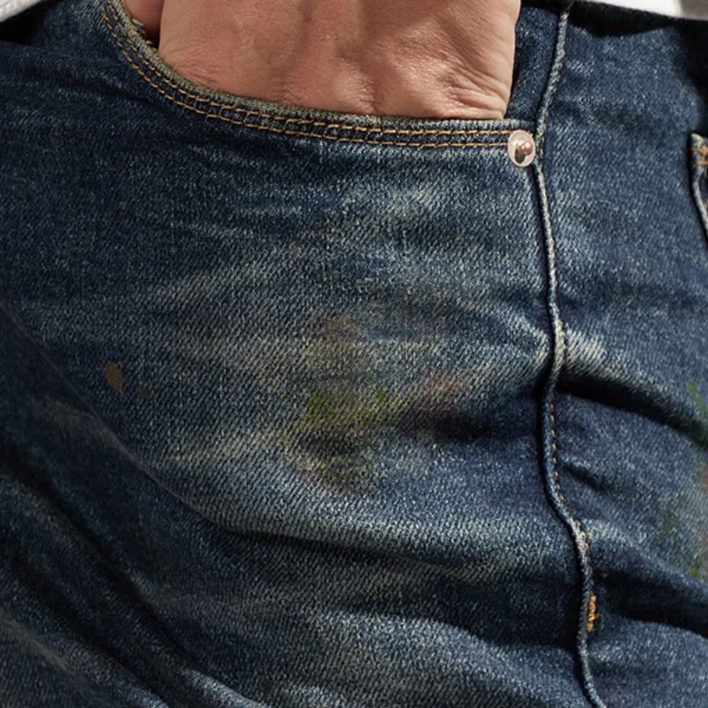 Heavy industry washing used oil stained jeans men's medium waist straight tube micro elastic patch pants