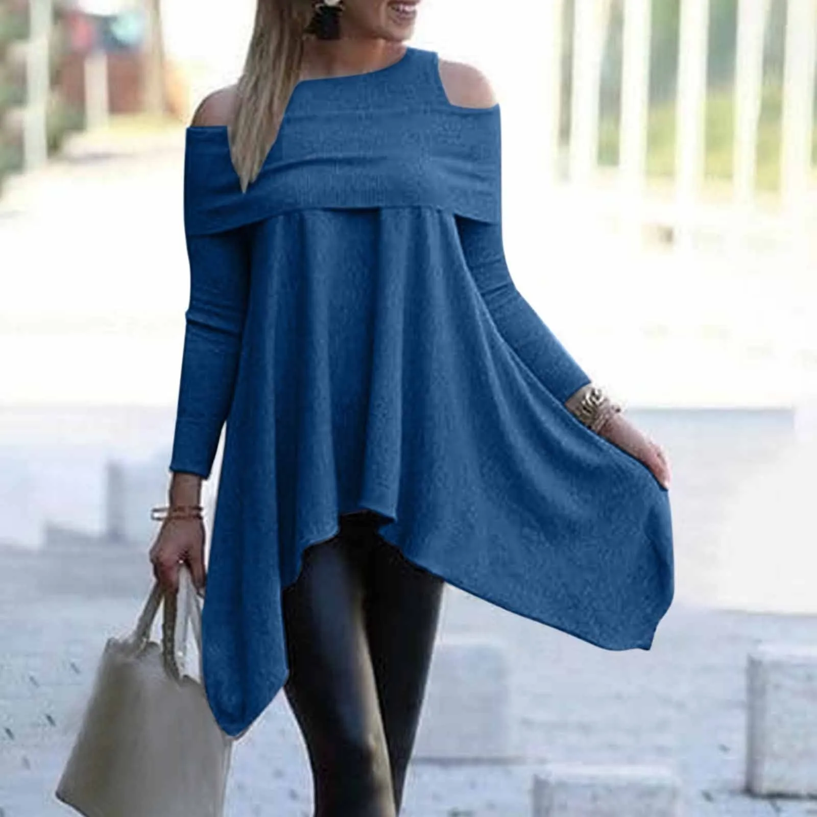 

Женская Однотонная рубашка, вязаные пуловеры с открытыми плечами, свободные топы с асимметричным подолом, свободные рабочие Топы для женщи...