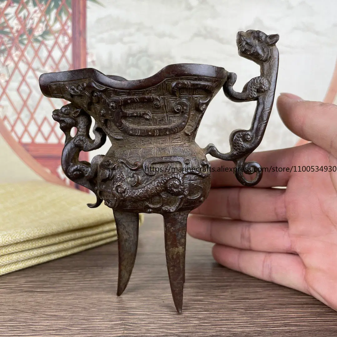 Фото Warring States Китайская антикварная чашка с золотым драконом Бронзовые украшения Твердая голова дракона Коллекция чашек вина №1