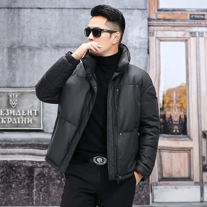

2023 New First Layer Cowhide Down Jacket Black Short Wide Version Genuine Leather Clothes Men's Winter Thickening Cowskin Coat