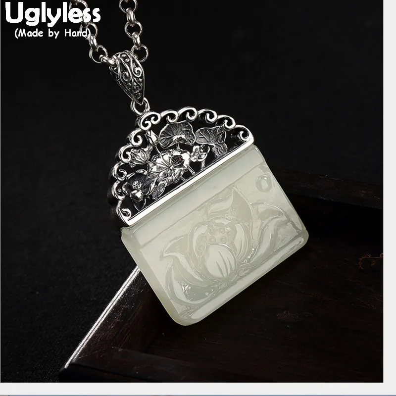 

Uglyless Real Solid 925 Sterling Silver Handmade Ethnic Leaf Pendants for Women Nature Jade Lotus Necklaces NO Chain Square Gems