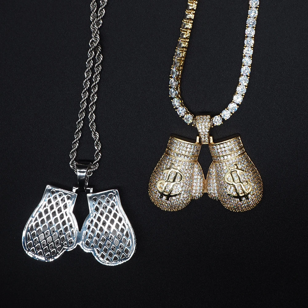 TOPGRILLZ New Double Fight Boxing Gloves Pendant Necklace High Quality Copper Iced Out CZ Hip Hop Punk Jewelry For Wholesale