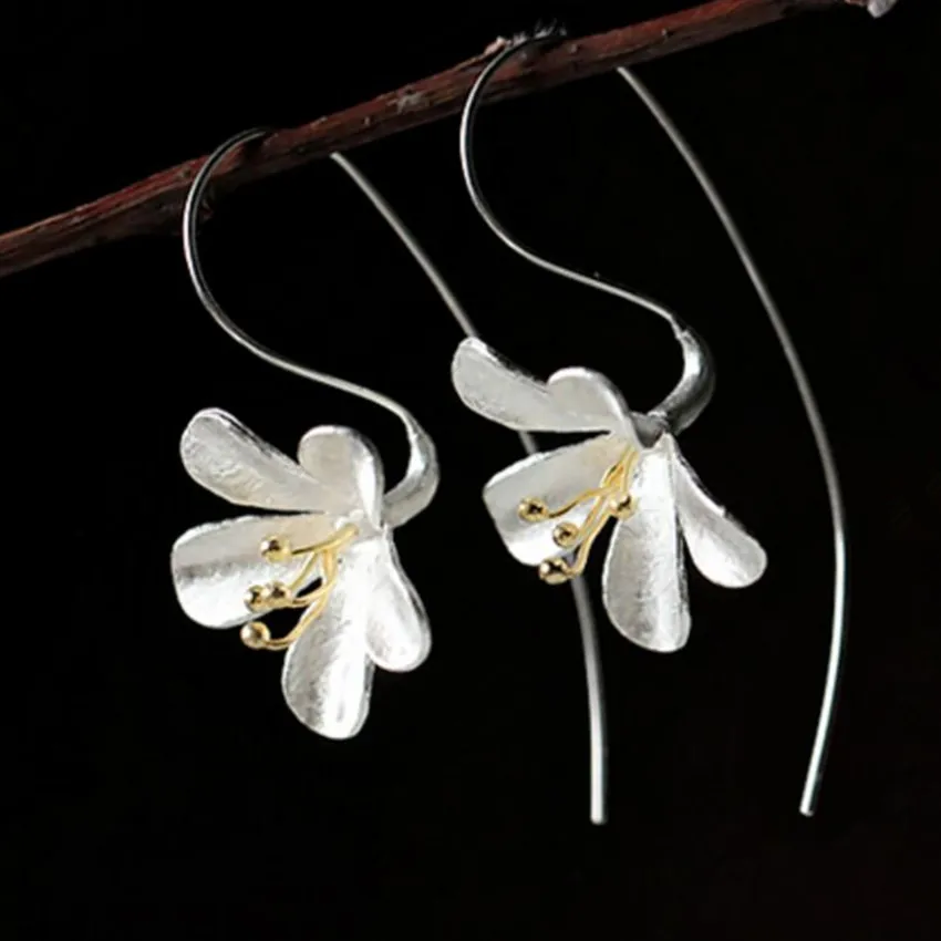 

Wholesale S925 Sterling Silver TrendyJewelry Women Fashion Handmade Crafts Female Pop Earrings Exquisite Flowers Long Earrings