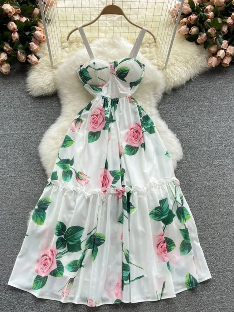 

2022 Summer Rose Floral Bohemian Party Dress Women's Spaghetti Strap Backless Sexy Padded Cup Flower Print Beach Elbise Robes