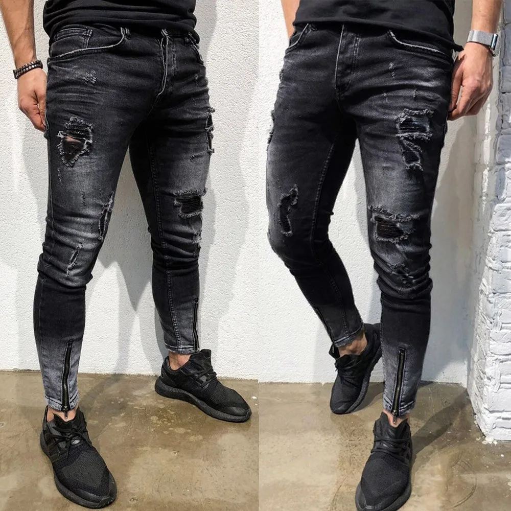 

Ripped Freyed Pants Street Jeans Men's Mens Distressed Jeans Slim Hot Skinny All-match Fit Trendy 2022 Denim Trousers Stretch