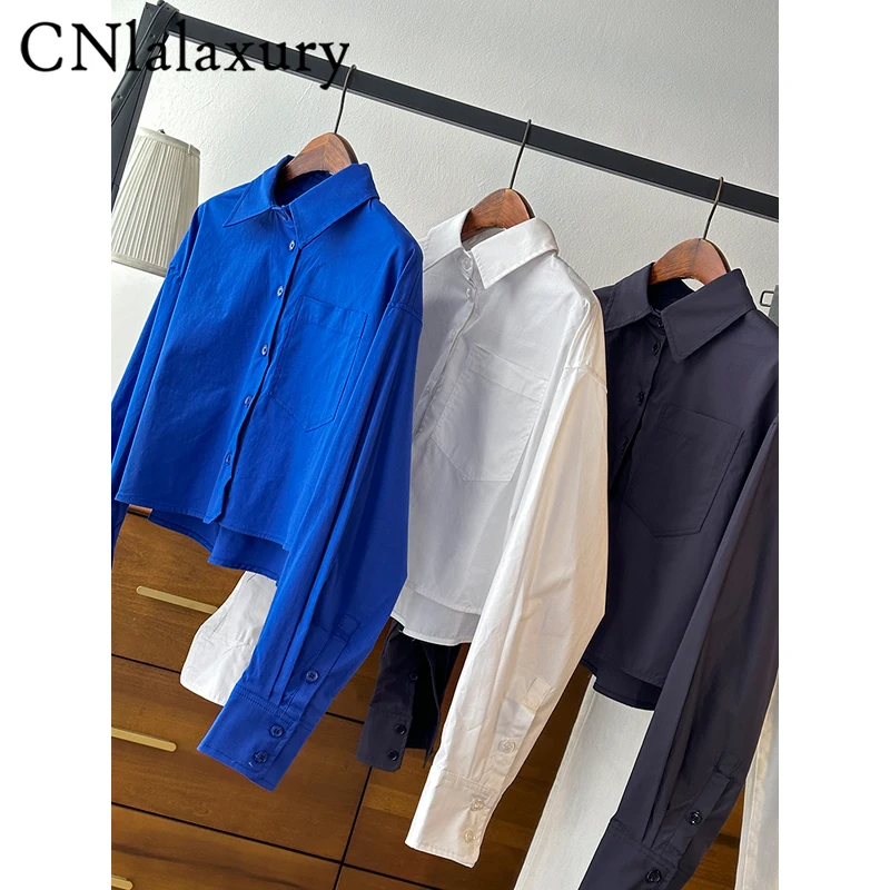 

CNlalaxury New Women Simply Blue Shirts Single Breasted Poplin Office Lady Long Sleeve Spring Chic Short Blouse Chemise Tops