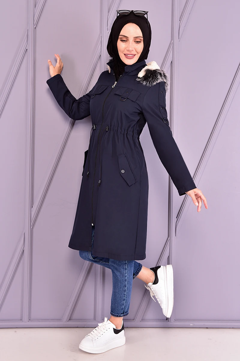 

Hooded Coat Navy blue İslamic Coat Muslim ladies coats winter women clothing fluffy coat women Muslim Coat MSN1812