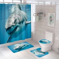 4pcs shark shower curtain set ocean animal bathroom bathtub decor curtains non slip blue sea bath mats rug toilet lid cover home