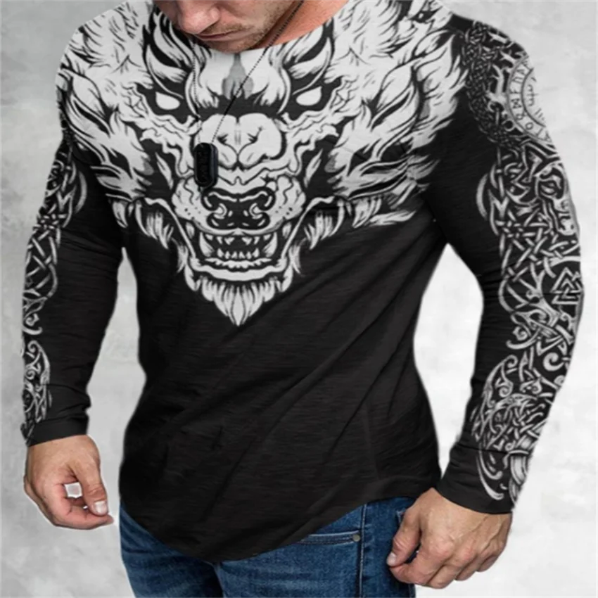 Футболка мужская с длинным рукавом модная тенниска 3d-цифровой печатью акулы