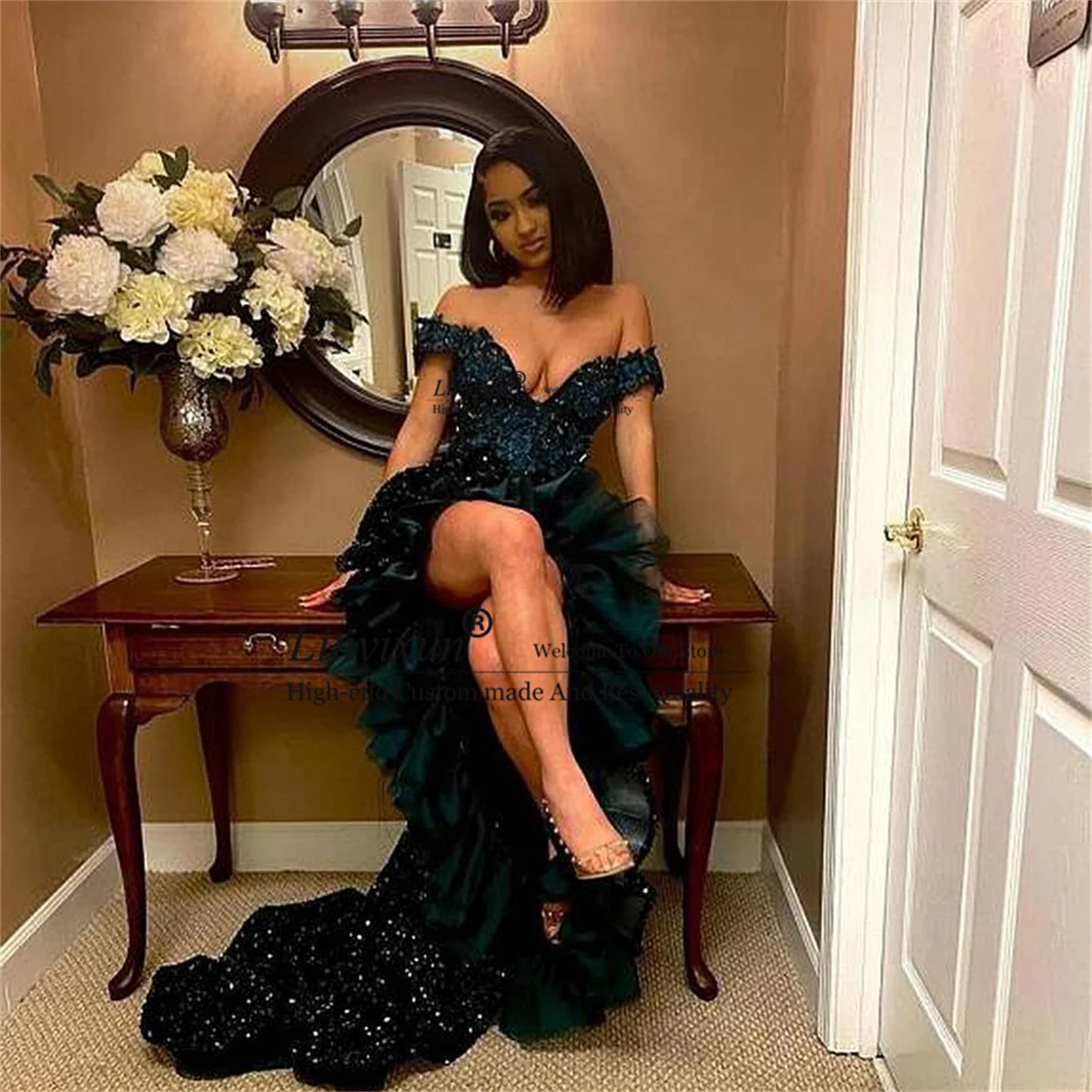 

Hunter Green Sequined Prom Dresses Off Shoulder Ruffles Bottom Evening Party Gowns High Low Black Girls Aso Ebi Robe De Soiree