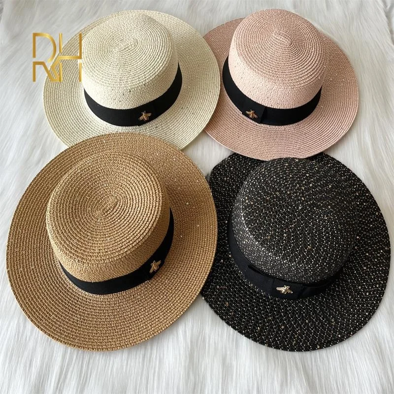 

Fashion Sequins Sunscreen Paper Straw Hat Spring Summer British Flat Top Panama Sunshade Golden Bee Beach Hat