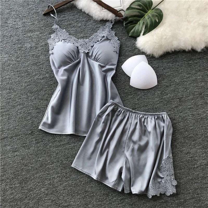New Women Pajamas Sets Satin Sleepwear Silk 4 Pieces Nightwear Pyjama Spaghetti Strap Lace Sleep Lounge Pijama With Chest Pads