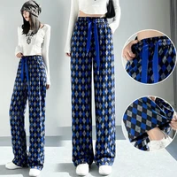 blue diamond shaped casual pants womens early spring 2022 high waisted drape straight tube mopping wide leg pants