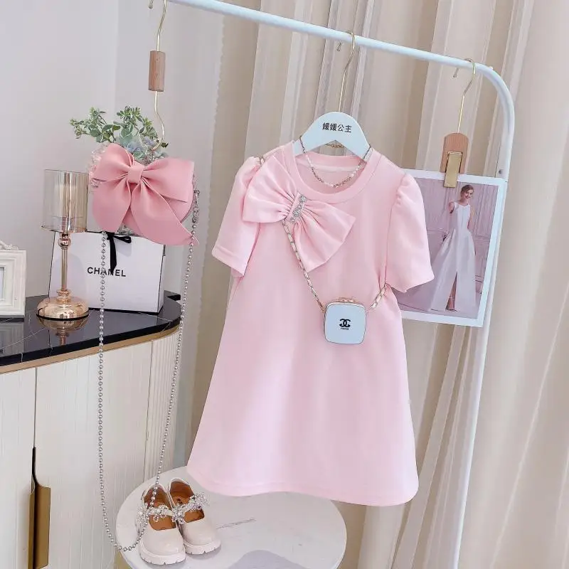 

Повседневные платья для девочек летние платья трапециевидной формы для больших девочек, футболка с бантом Длинные Стильные школьные плать...