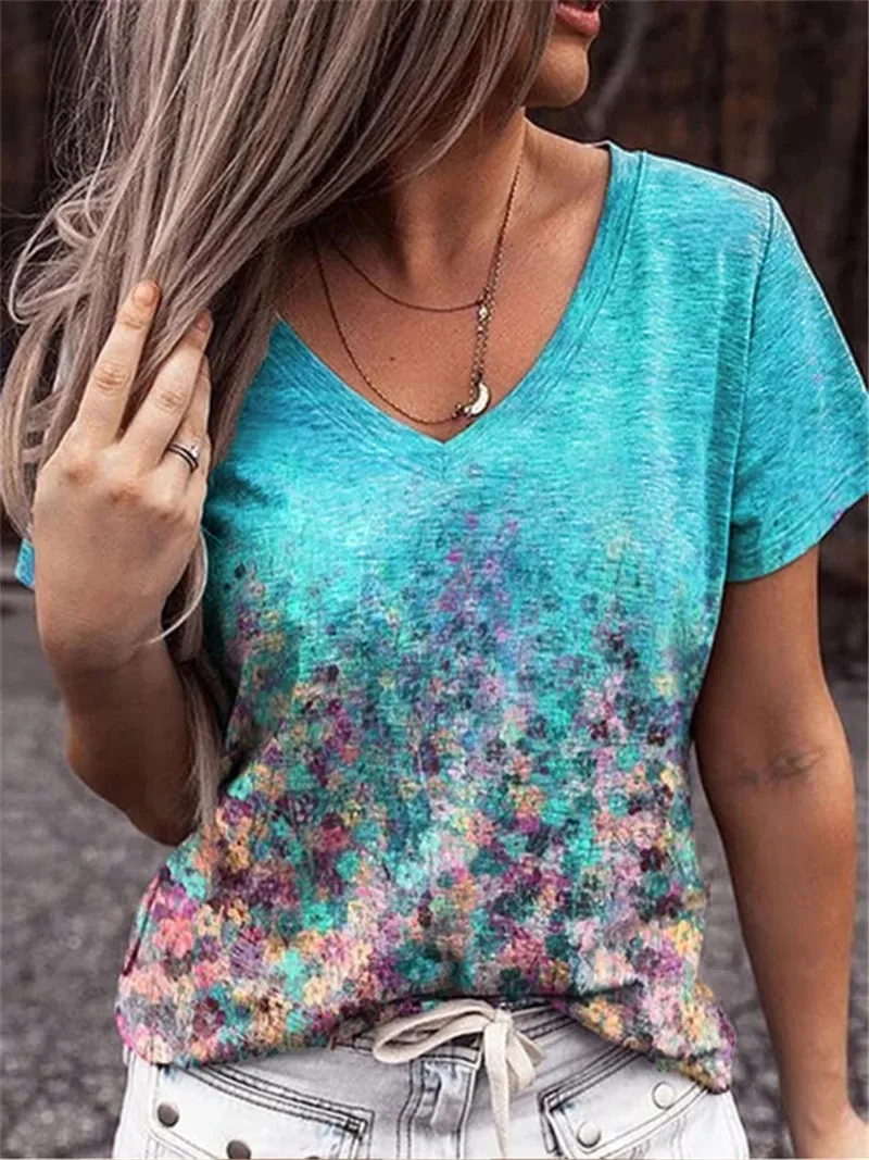 

Summer Casual Tee Short Sleeve Women T-Shirts Flower Print Street Tops Female V-Neck Loose T-Shirt 5XL Size Top Pullover