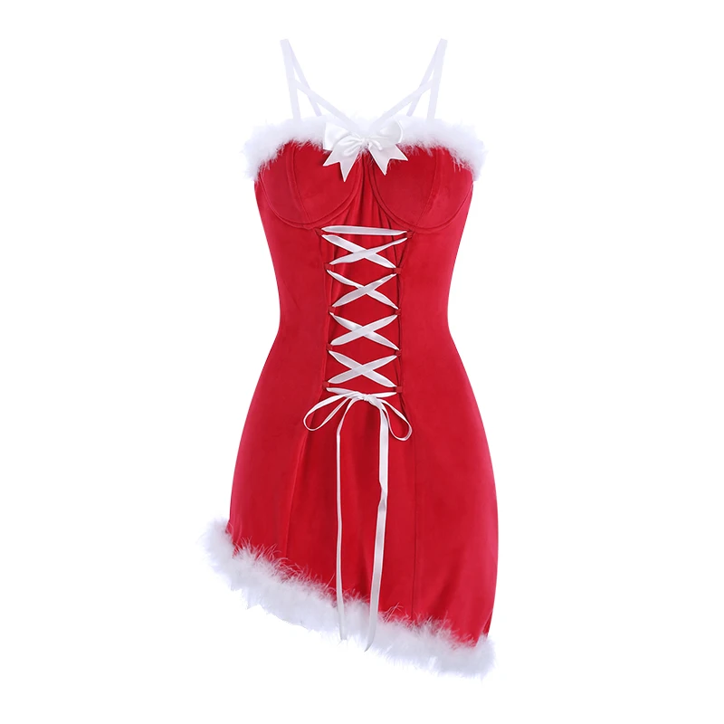 Sexy Mousse 2023 Winter Lingerie for Women Sexy Sleepwear Velvet Role Play Dress Ladies Christmas Nightgown Uniform Set Red