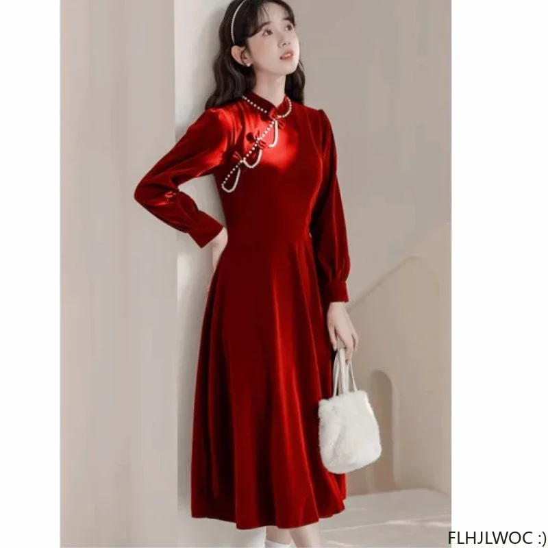 

Женское бархатное платье с бусинами, Элегантное Длинное Красное платье с квадратным вырезом во французском стиле для свадьбы, Новый год и Рождество