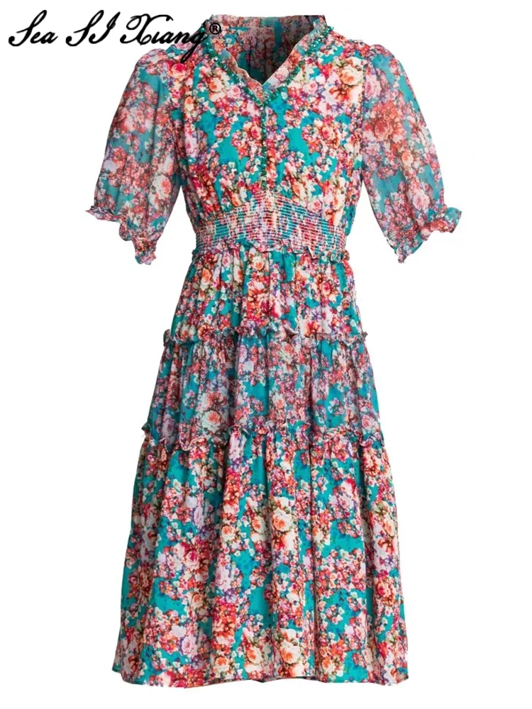 

Seasixiang Fashion Designer Summer Vintage Dress Women Beading V-Neck Short Sleeve Flower Print Elastic Waist Knee-Length Dress