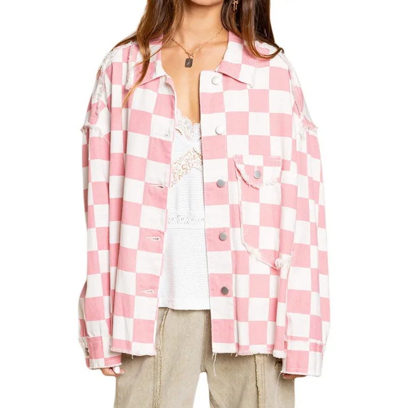 

Women Plaid Print Jacket Spring Autumn Clothes Retro Long Sleeves Lapels Button Closure Chest Pockets Broken Tassels Coat