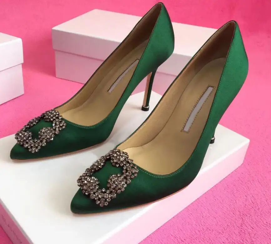 

2022 Brand MB Pumps Women High Heel Shoes 8 10 12cm Spring Pointed Rhinestone Square Buckle Satin Women's Wedding Shoes 35-42