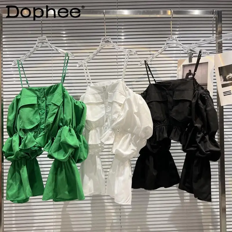 

2022 Spring New Lantern Sleeve Low Collar Shoulder Strap Drawstring Ruffle Sling Shirt Women Sexy Off-Shoulder Slim White Blouse