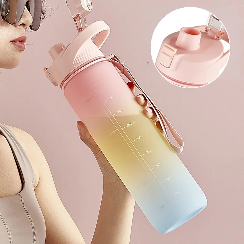 

1L Gradient Water Bottle Motivational Sport Bottle with Straw and Rope Leakproof Drinking Bottle Outdoor Travel Gym Fitness