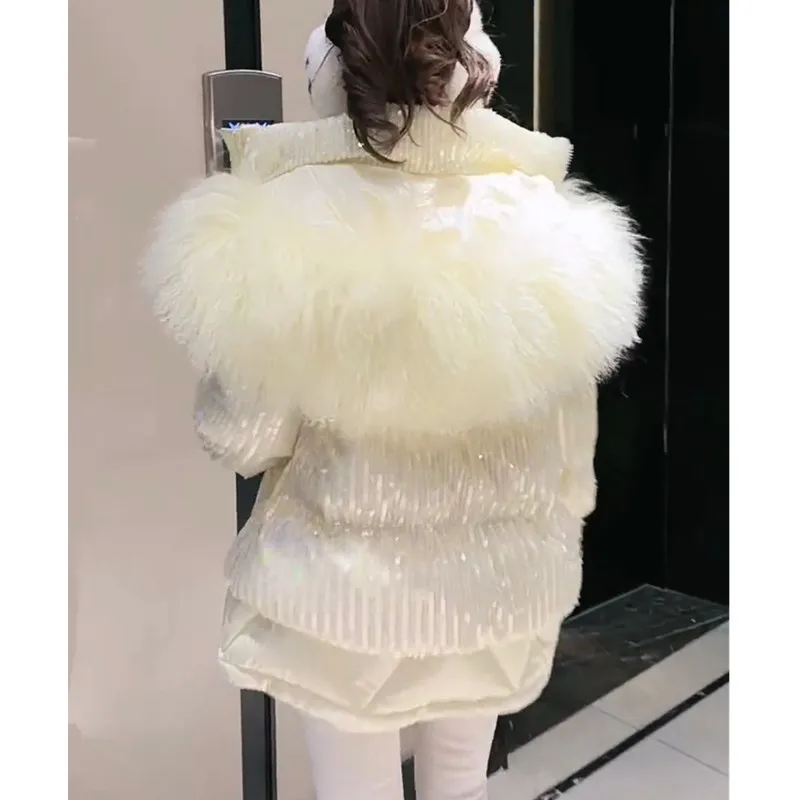 2022 New Winter Fashion Women Down Coats High Quality Large Fur Collar Hooded Parkas Sparkling Sequins White Duck Down Jacket