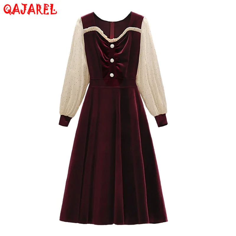 2023 Red Velvet Patchwork Square Collar Midi Dress Women Black Korean Vintage Hepburn Dress Spring Autumn Elegant Bodycon Dress
