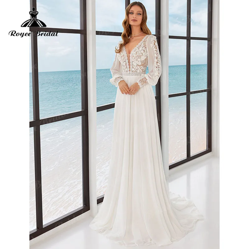 

trouwjurk Boho Backless Long Puff Sleeve Lace Appliqued Chiffon Wedding Dress With V Neck Bridal Gown Beach Robe de mariee 2022